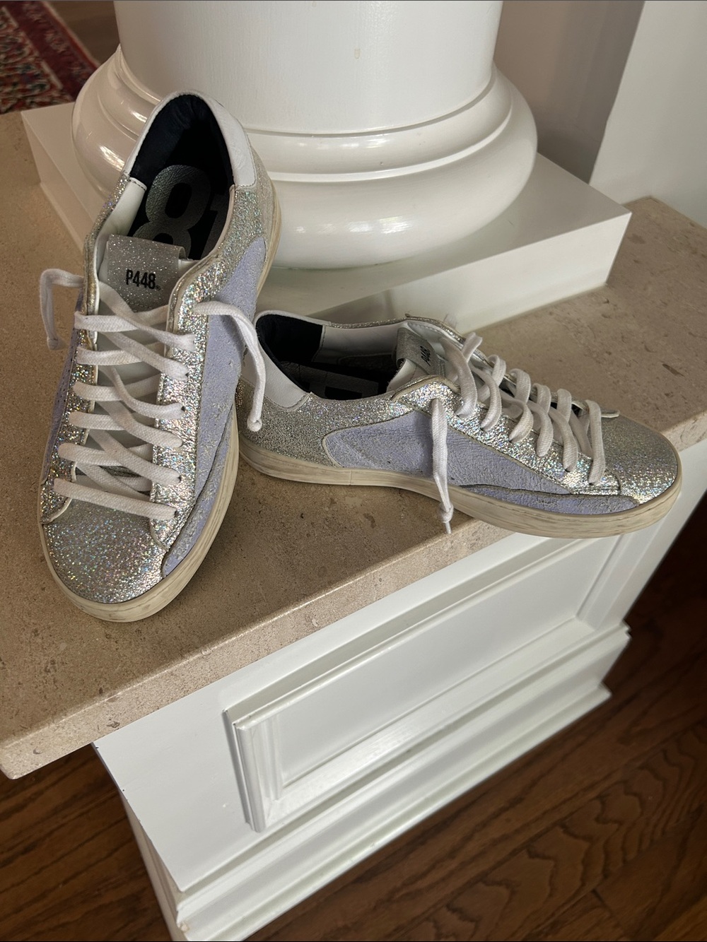 P448 Women's Iridescent Silver Glitter & Light Periwinkle Low-Top Sneakers - Picture 1 of 5